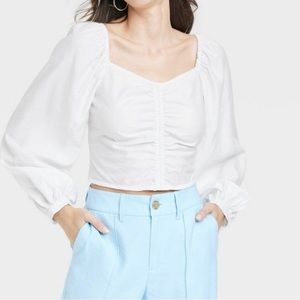 Women’s Long Balloon Sleeve Slim Fit Ruched Front Top – A New Day – Size Small